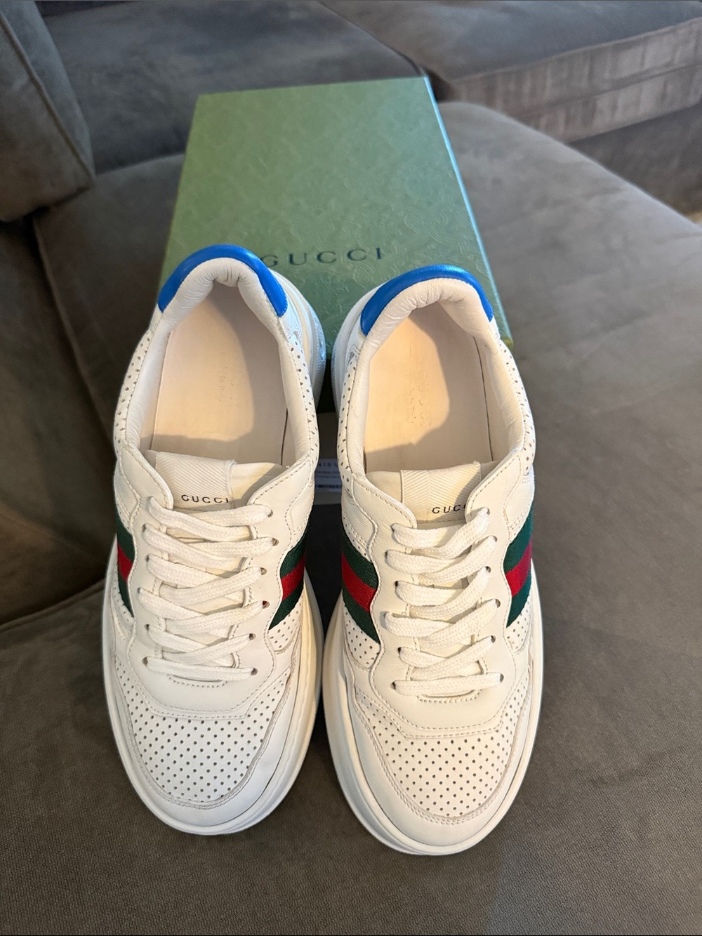 Gucci White Leather Sneakers with Blue Heel and Green & Red Web